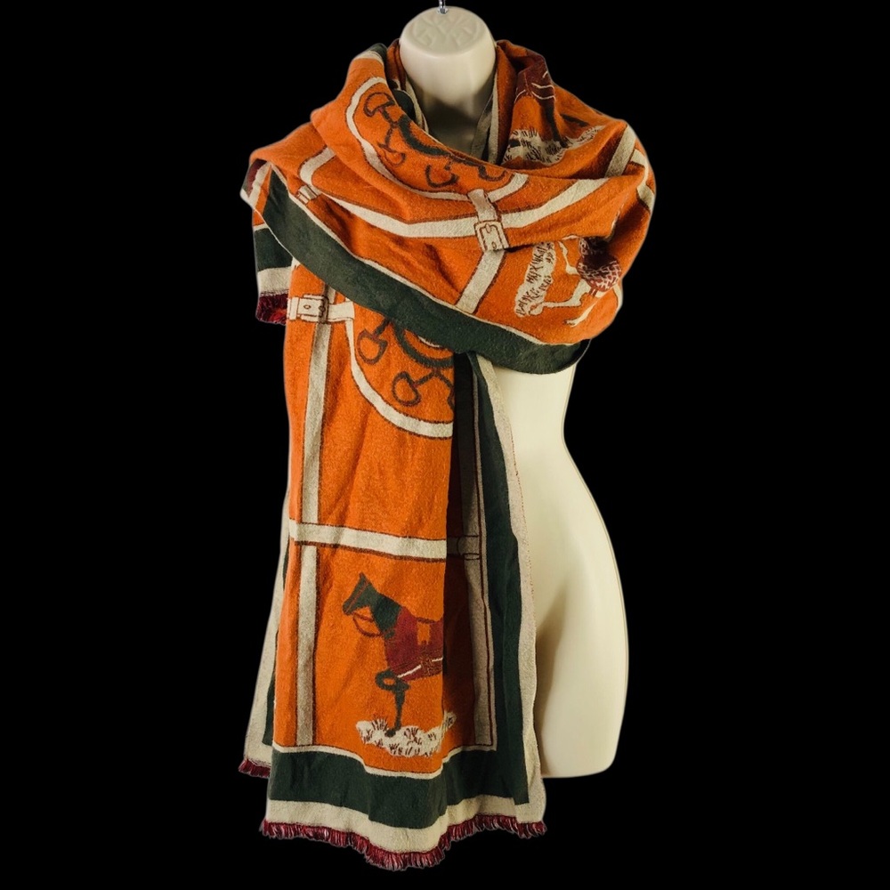 Large Equestrian Novelty Luxury Scarf Shawl Horse Orange Green Fall Autumn Wrap